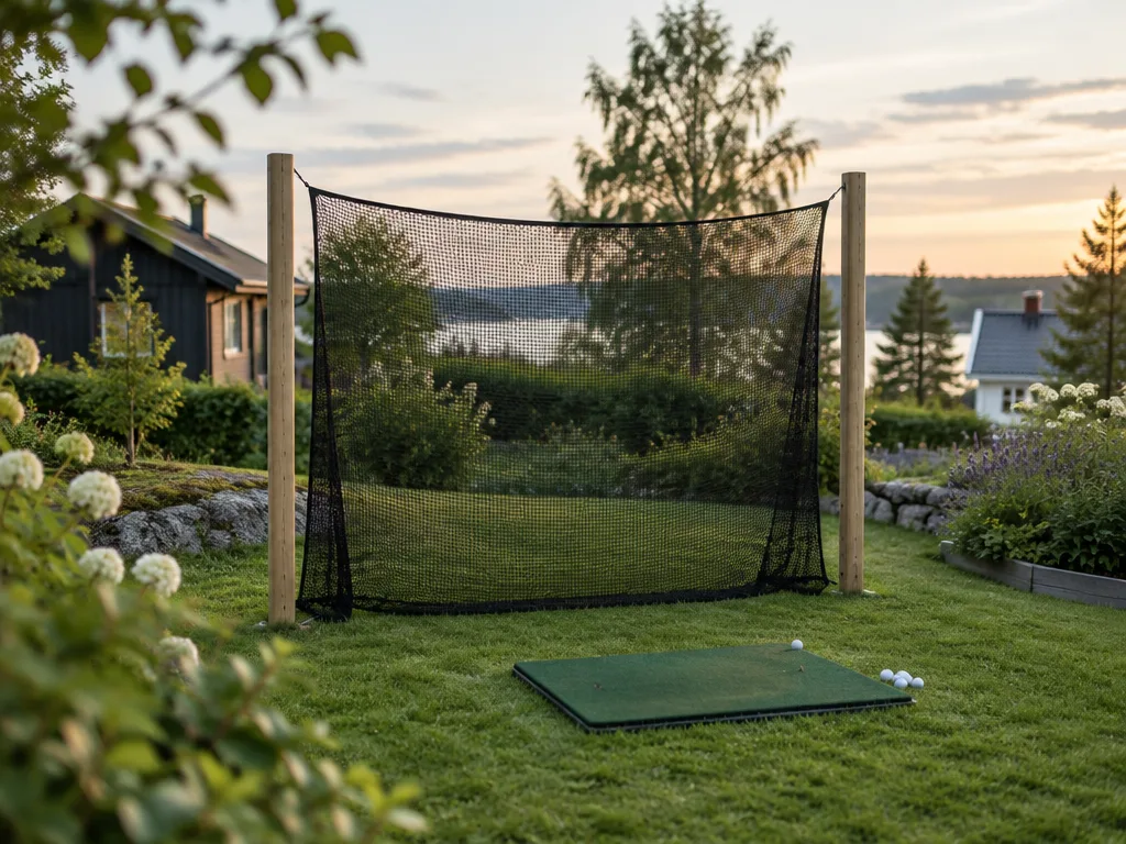 Svart golfnät upphängt mellan två trästolpar i en trädgård med slagmatta och golfbollar framför