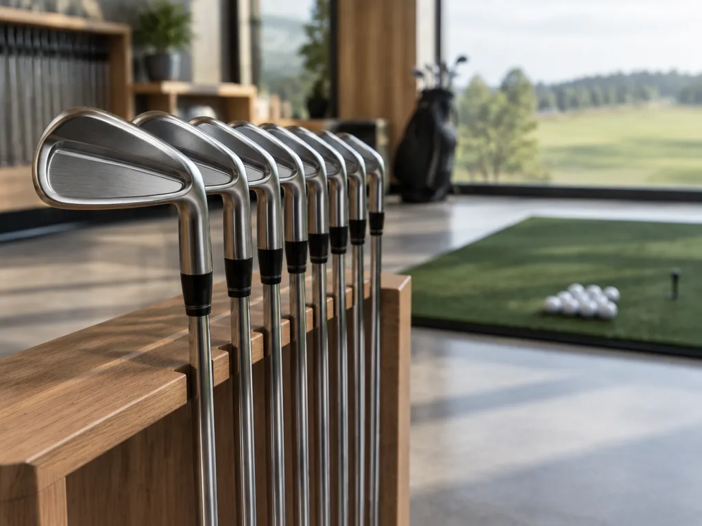 Järnklubbor i stål uppradade i ett trästall i en fittingstudio med slagmatta och golfbollar i bakgrunden