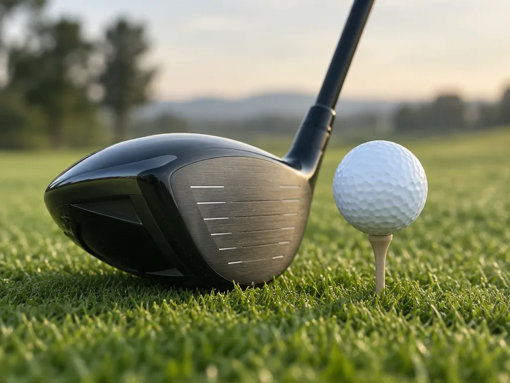 Driverhuvud bakom en upptiad golfboll på teeområdet, sett från sidan så att träffytans vinkel syns