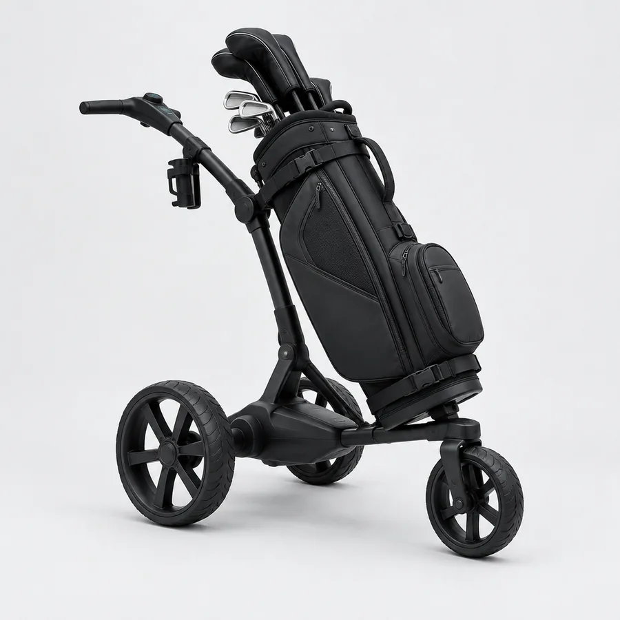 Elektrisk golfvagn med tre hjul och en svart vagnbag