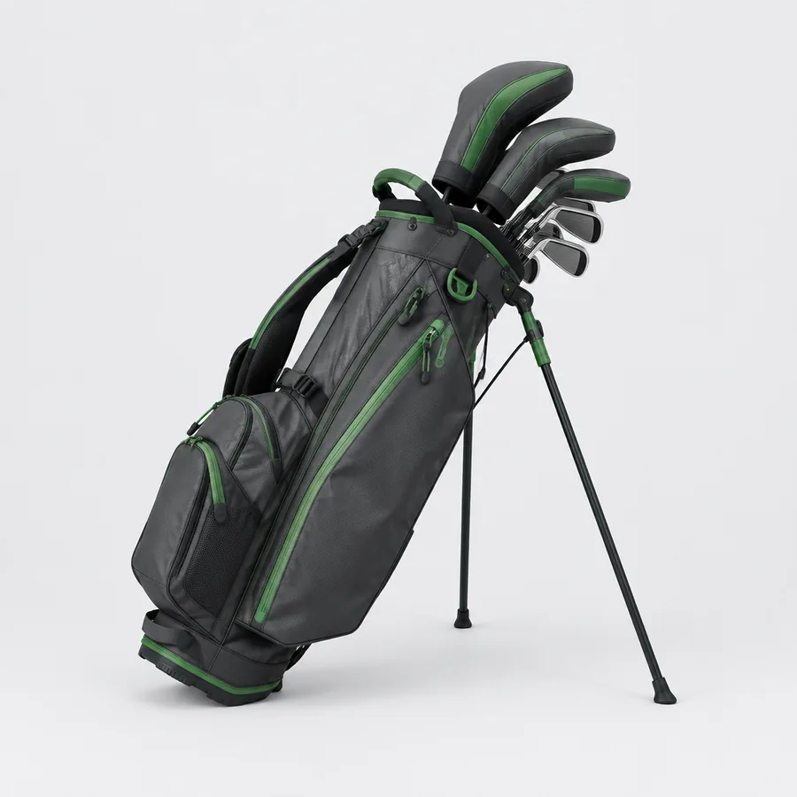 Golfbag med stödben och axelremmar, fylld med klubbor