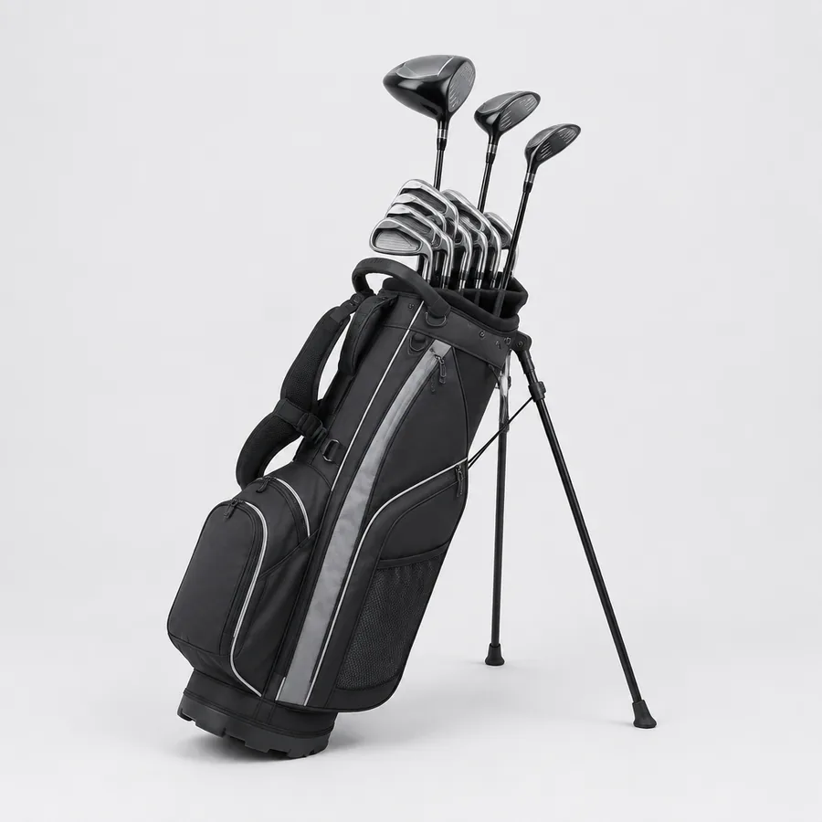 Golfset med driver, fairwayträn och järnklubbor i en bärbag med stödben
