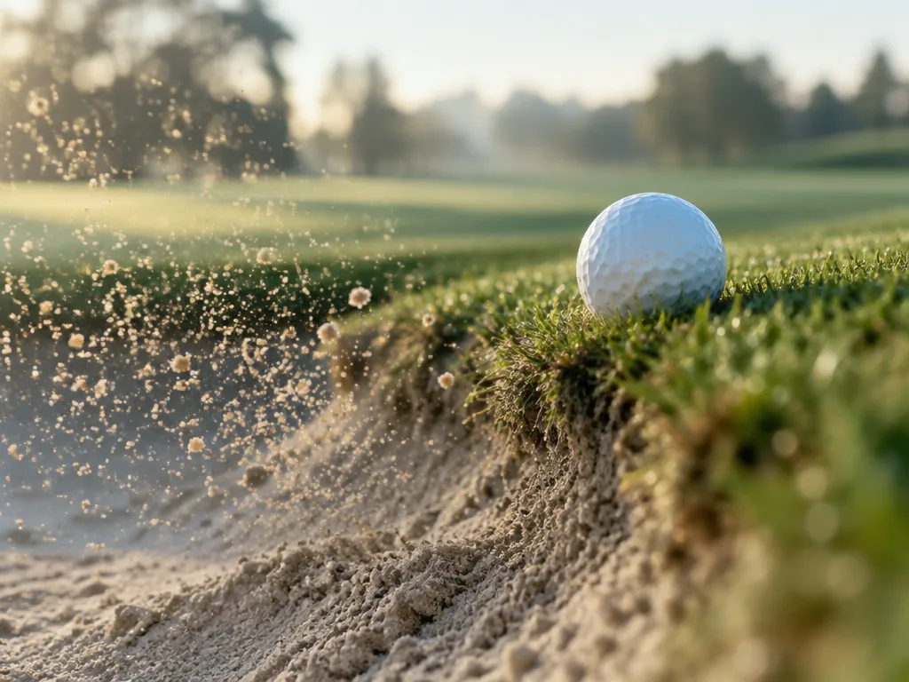 Golfboll i kanten av en greenbunker med sand som yr i luften