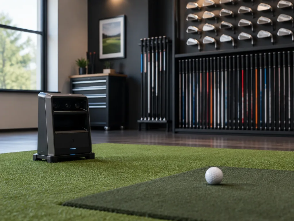 Fittingstudio med launch monitor, klubbhuvuden och skaft på en ställning