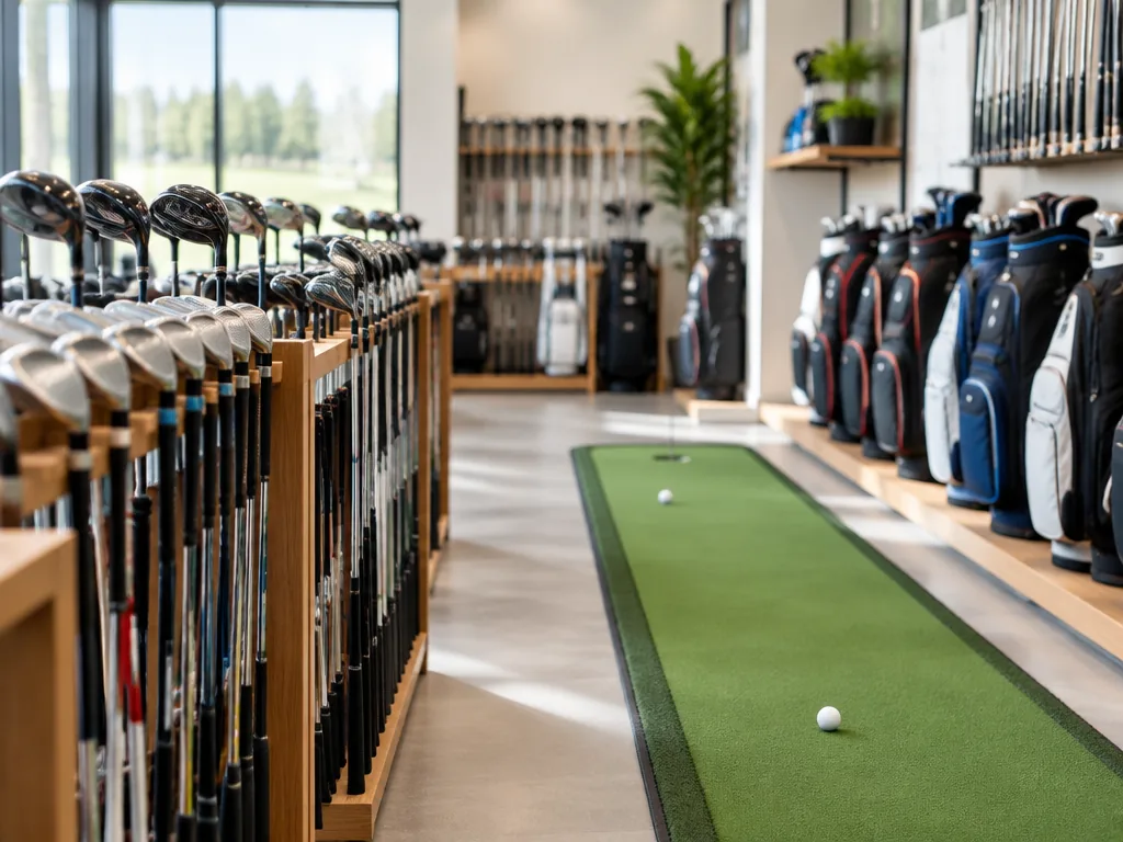 Golfklubbor och golfbagar uppställda i en ljus golfbutik