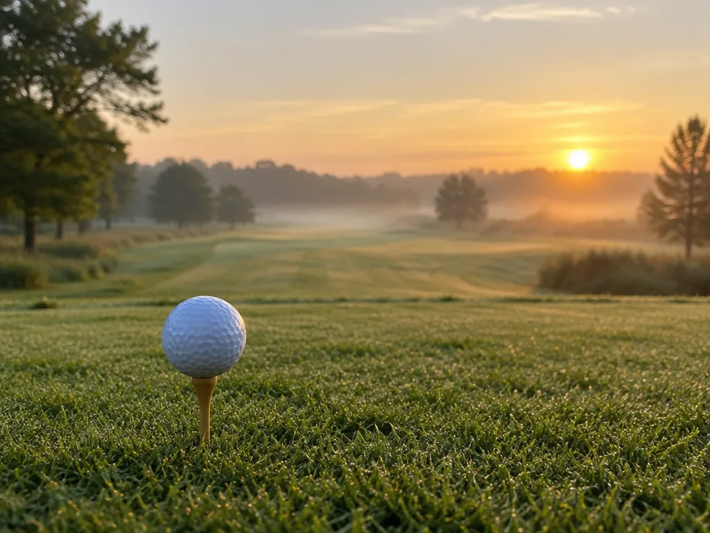 Golfboll på en tee på en tom utslagsplats i morgonljus