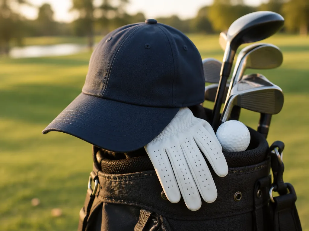 Golfkeps som ligger på en golfbag bredvid en handske och en boll