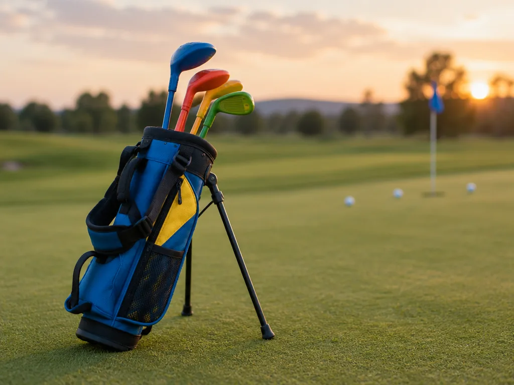 En liten juniorbag med korta golfklubbor för barn på en övningsgreen i kvällsljus