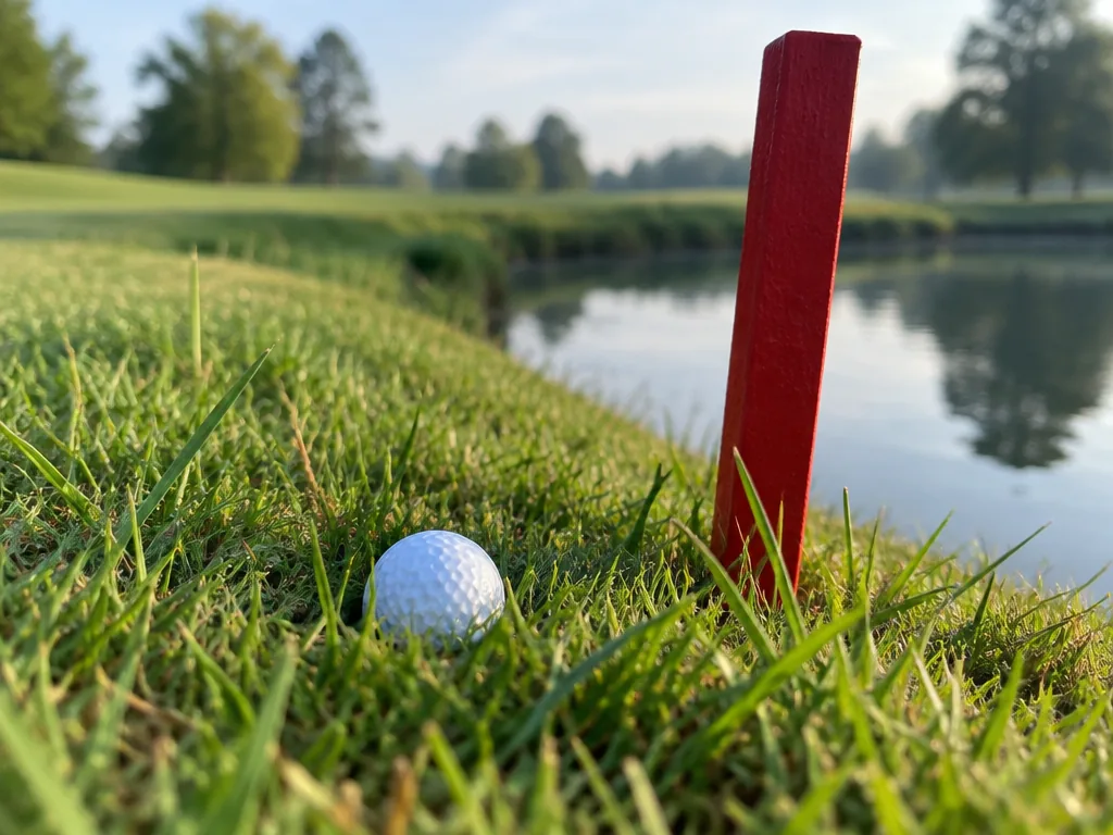 Golfboll i ruffen intill en röd pinne som markerar ett pliktområde