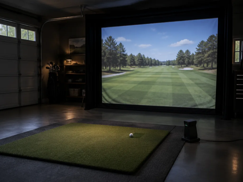 Golfsimulator i ett garage med slagmatta och slagduk där en fairway projiceras