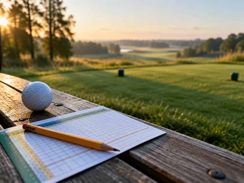 Scorekort, penna och golfboll på en bänk vid utslagsplatsen