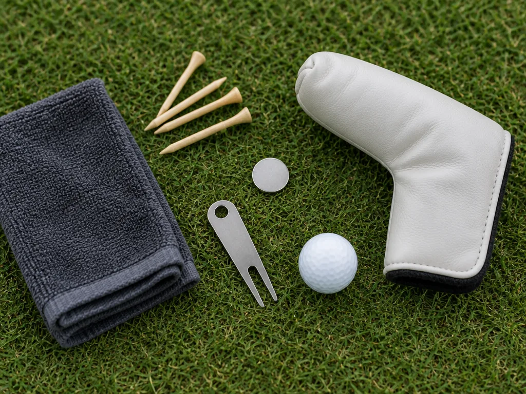 Golftillbehör utlagda på gräs: tees, bollmarkör, nedslagslagare, handduk och headcover