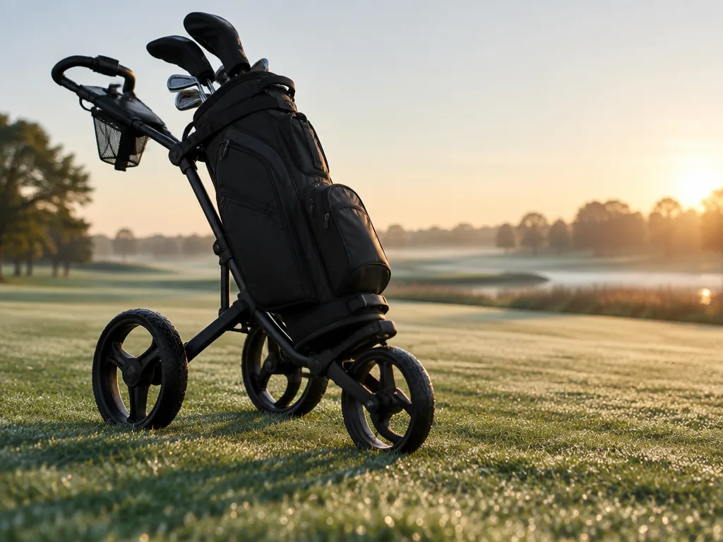 Manuell trehjulig golfvagn med golfbag på en fairway i morgonljus