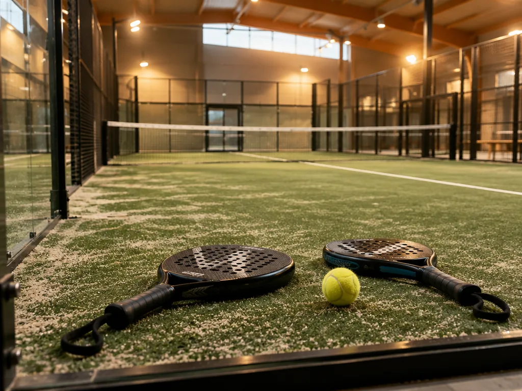 Inomhusbana för padel sedd bakom bakglaset med racketar och boll på konstgräset