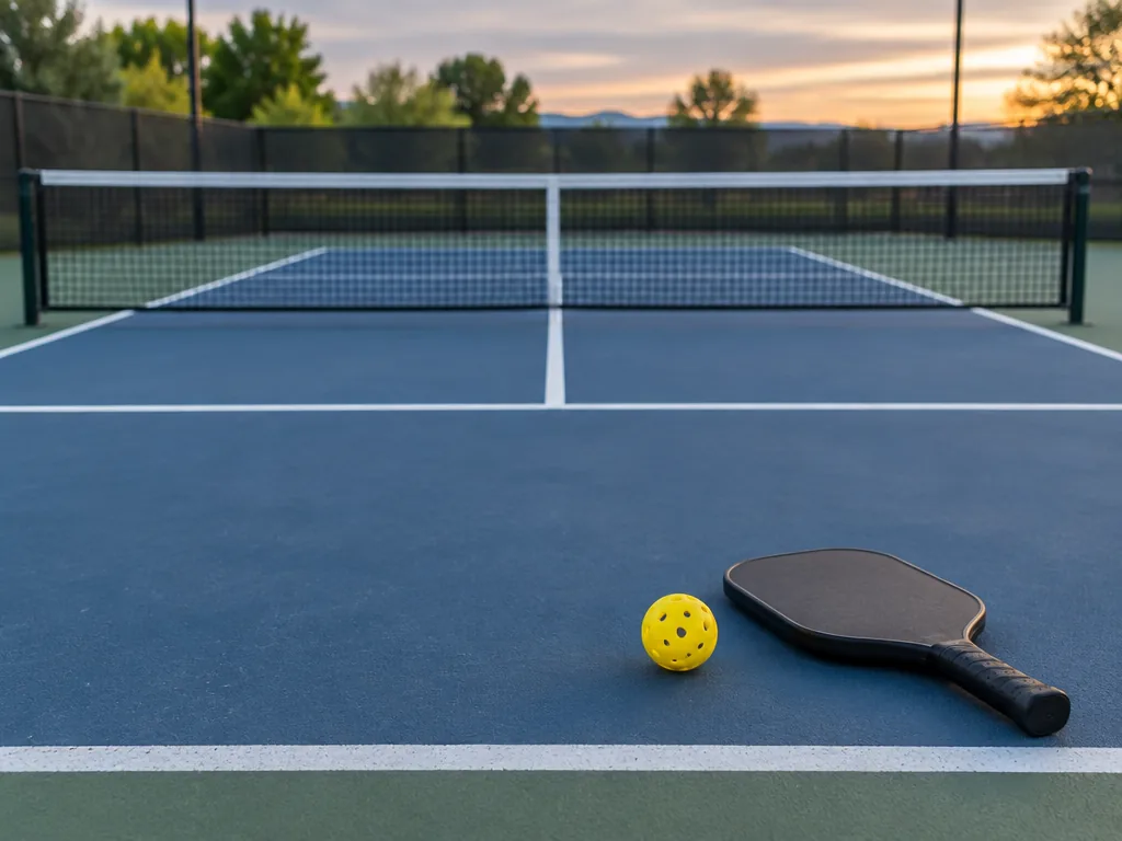 Pickleballbana med nät, kökszonens linjer, en pickleballboll och ett racket