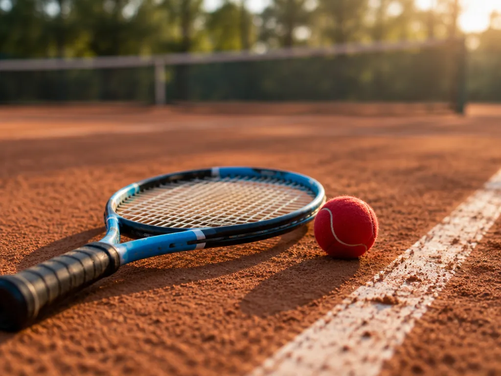 Juniorracket och röd tennisboll på en grusbana vid baslinjen