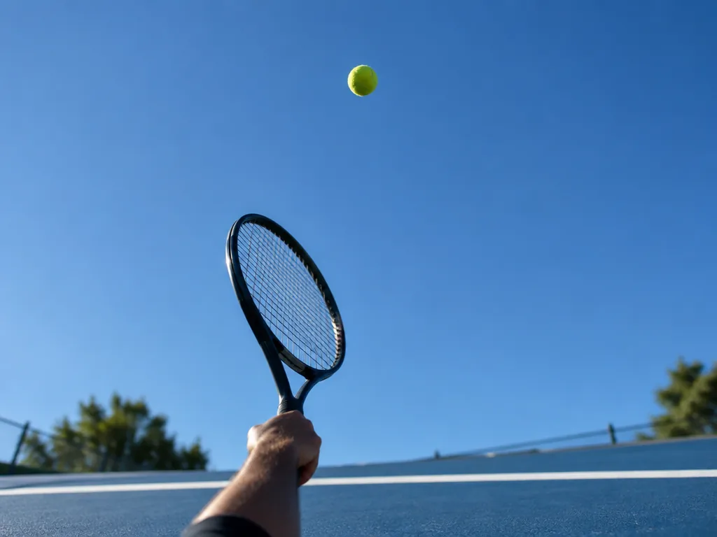 Tennisboll i luften över baslinjen med racketen på väg upp