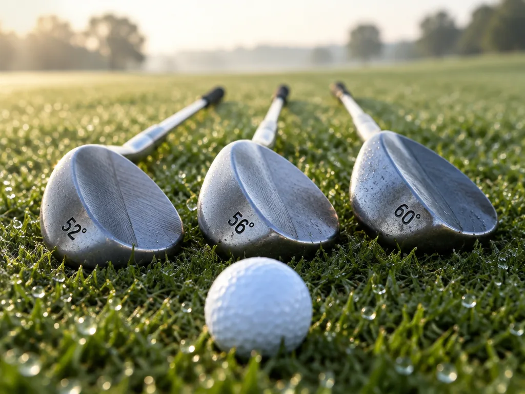 Tre wedgar med olika loft liggande bredvid varandra på en fairway